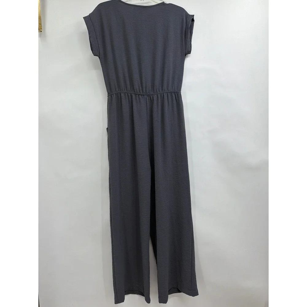 Monteau‎ Los Angeles Gray Wide Leg Jumpsuit Lg Button Front Elastic Waist Pocket